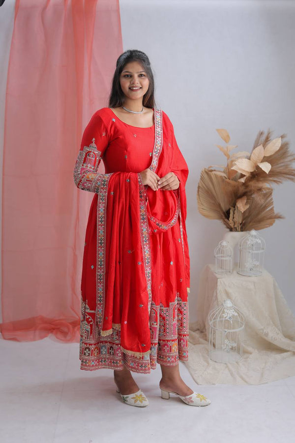 Beautiful Embroidery Work Red Color Anarkali Gown