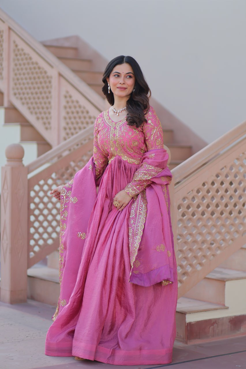 Multi Embroidered Onion Color Glimmering Gown