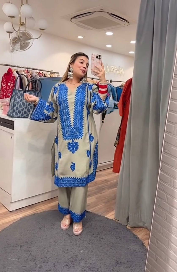 Embroidery With Sequence Work Gray Color Co-ord Set