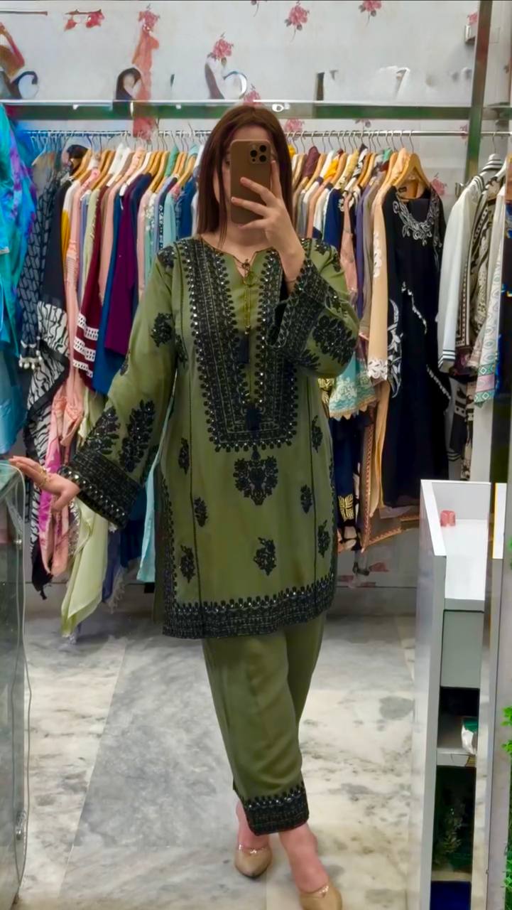 Embroidery With Sequence Work Mehndi Color Co-ord Set