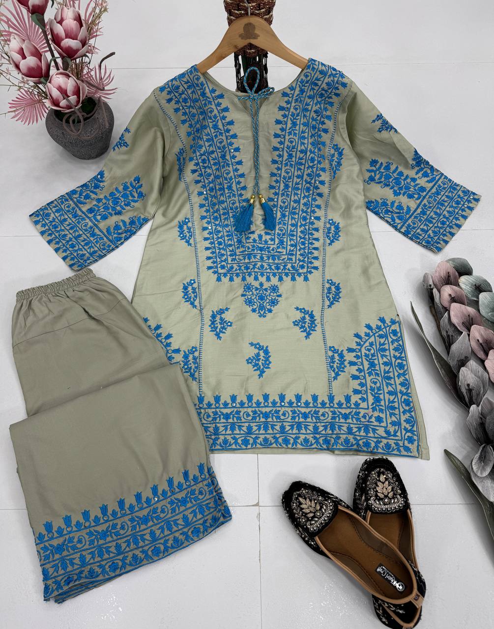 Embroidery With Sequence Work Gray Color Co-ord Set
