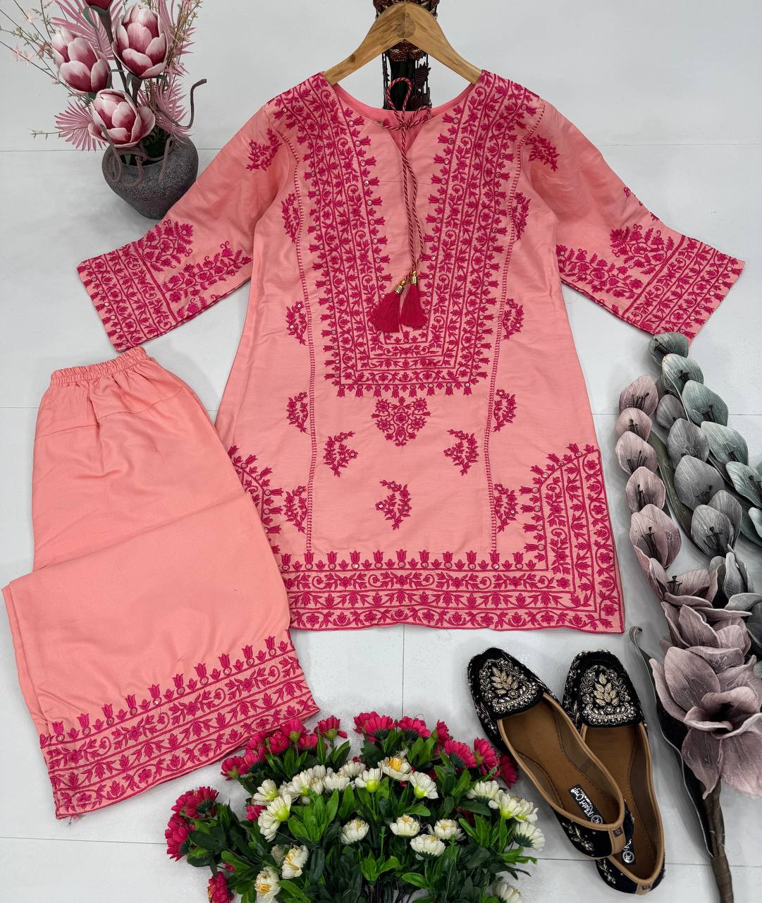 Embroidery With Sequence Work Pink Color Co-ord Set