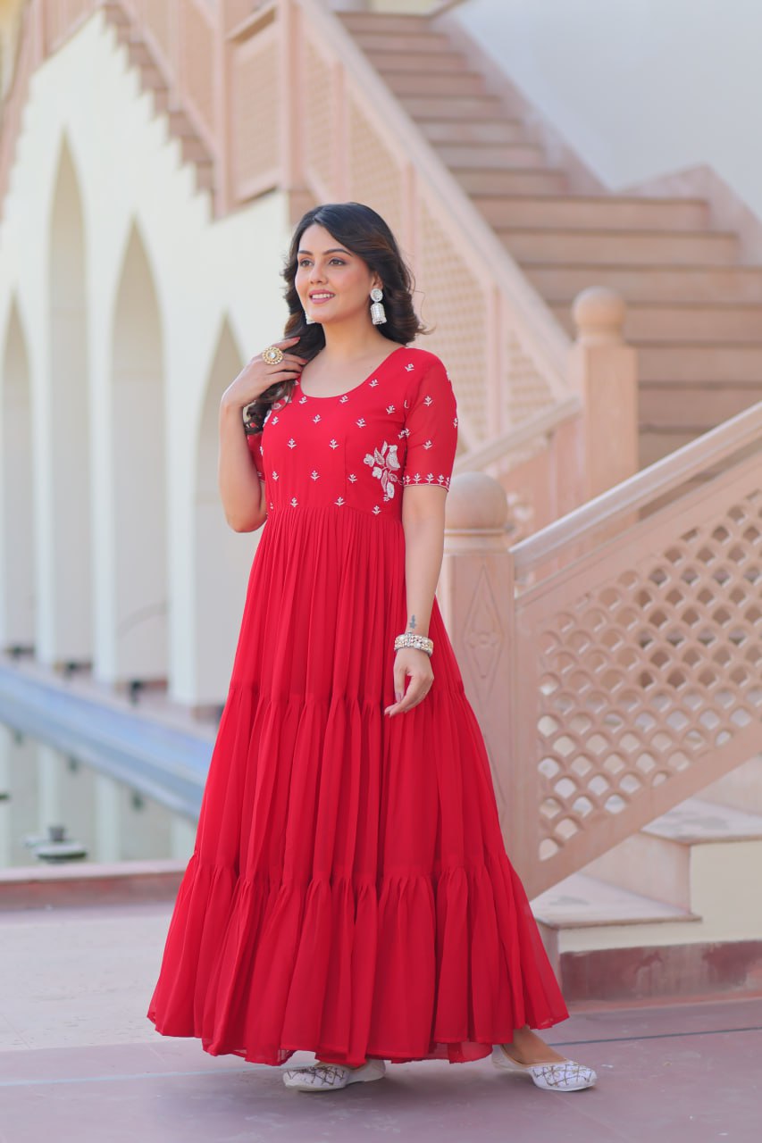 Red Color Beads Embroidery Work Alluring Gown