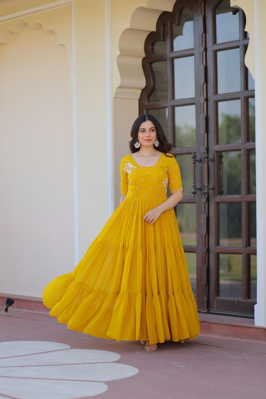 Yellow Color Beads Embroidery Work Alluring Gown