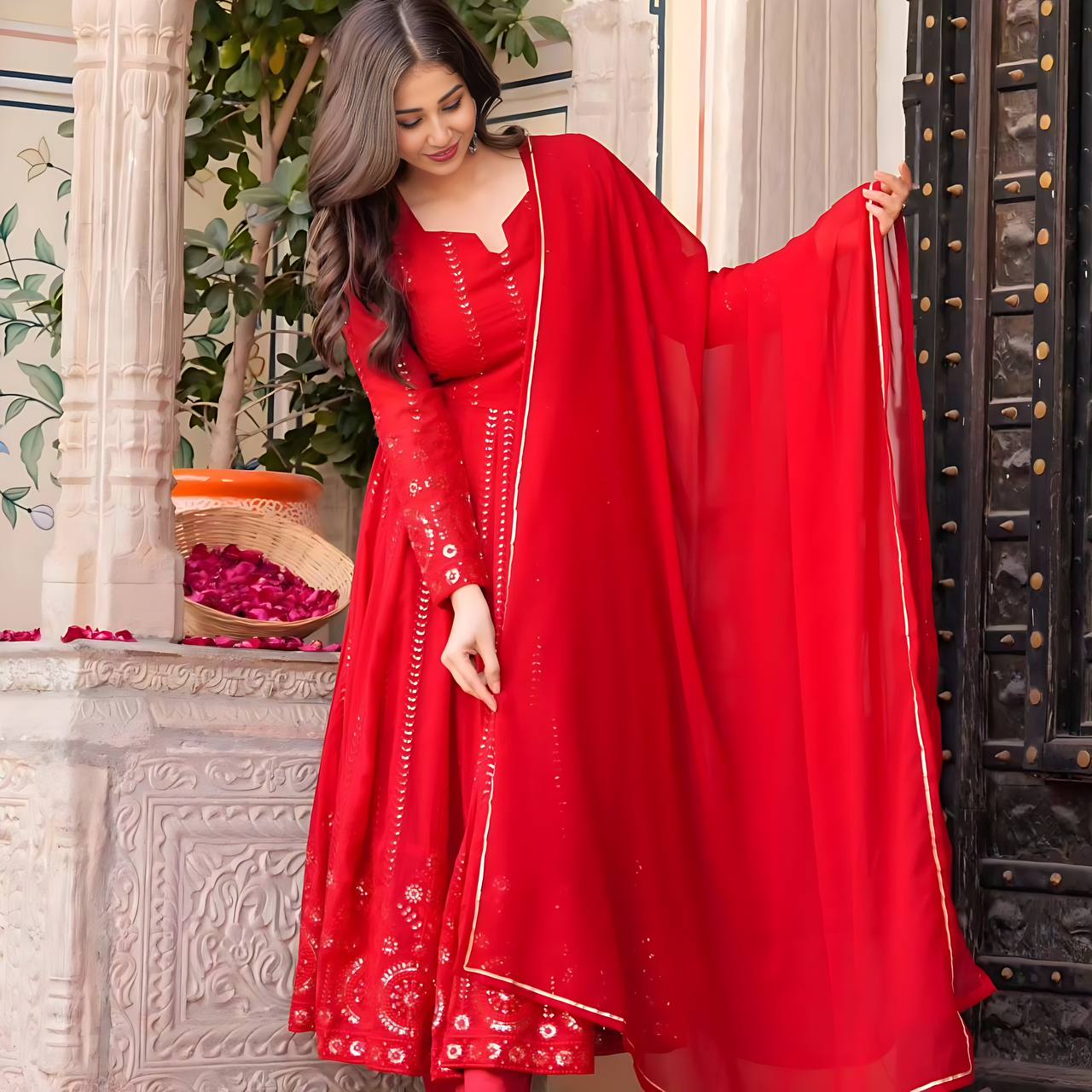 Red Color Embroidery Work Wonderful Anarkali Gown