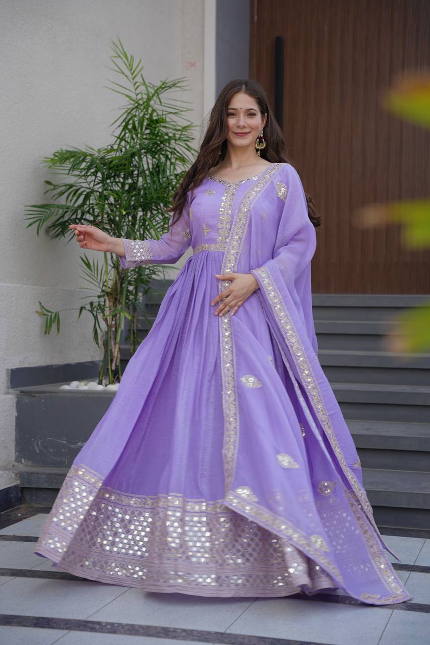 Wonderful Lavender Silk Embroidery Work Gown