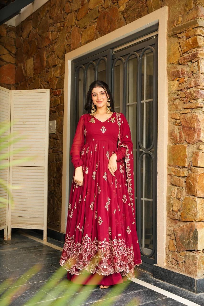 Embroidery With Sequence Work Red Color Gown