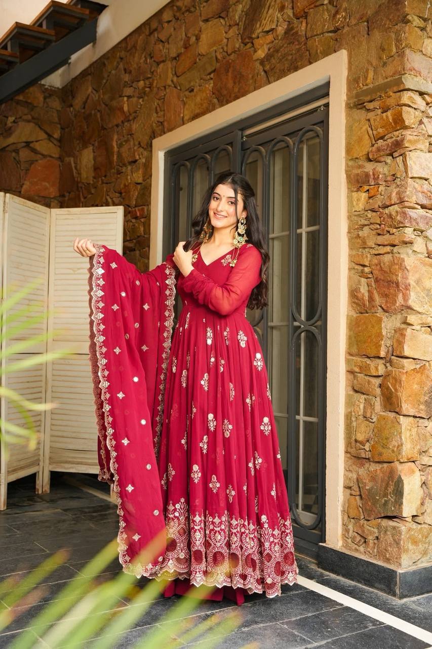 Embroidery With Sequence Work Red Color Gown