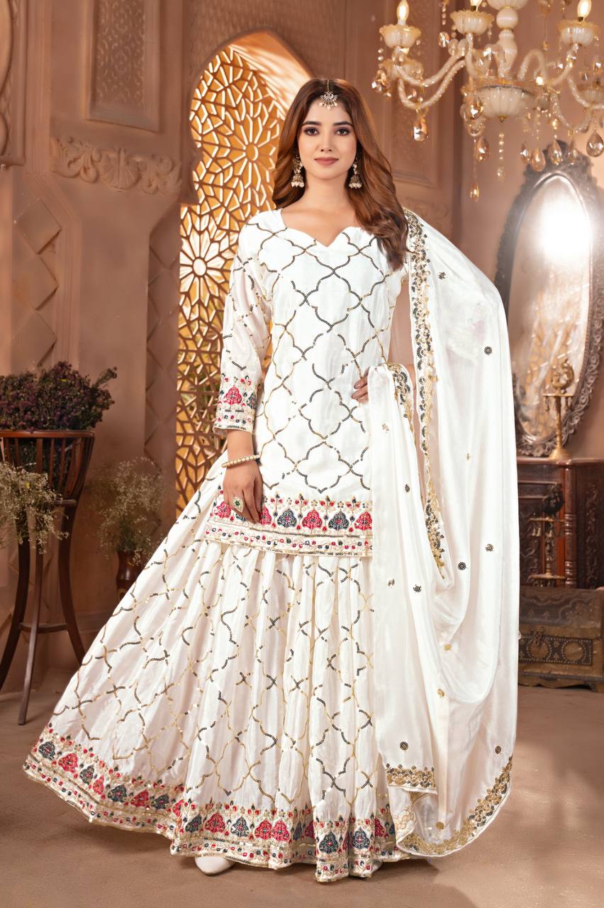 Full Sequence Work Heavy White Color Sharara Suit