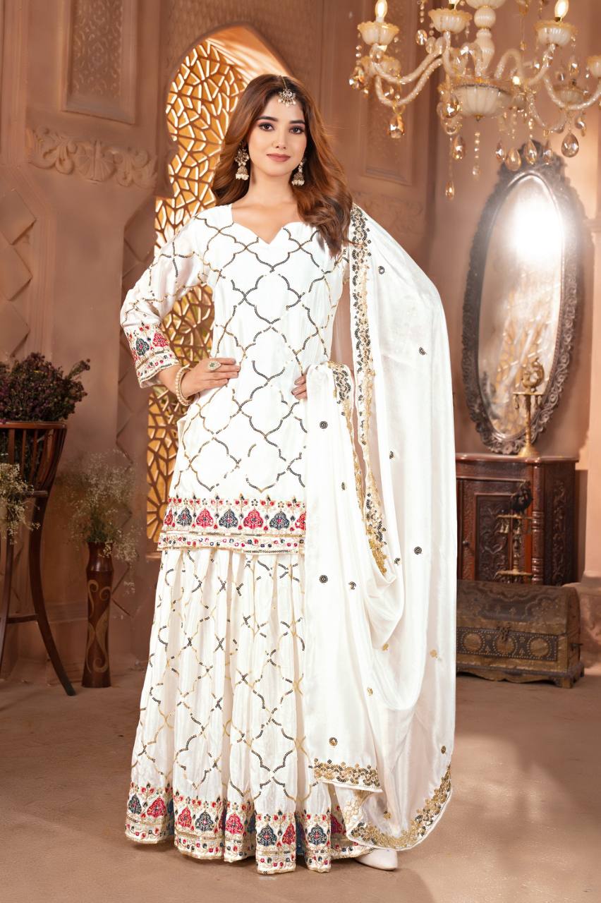 Full Sequence Work Heavy White Color Sharara Suit