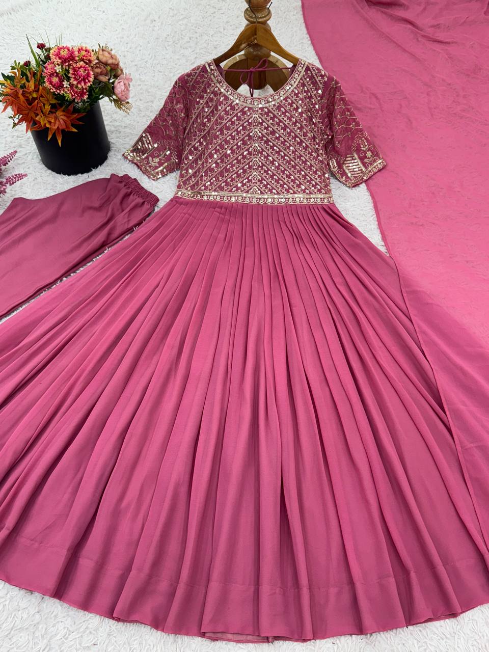 Embroidery With Sequence Work Pink Color Designer Gown