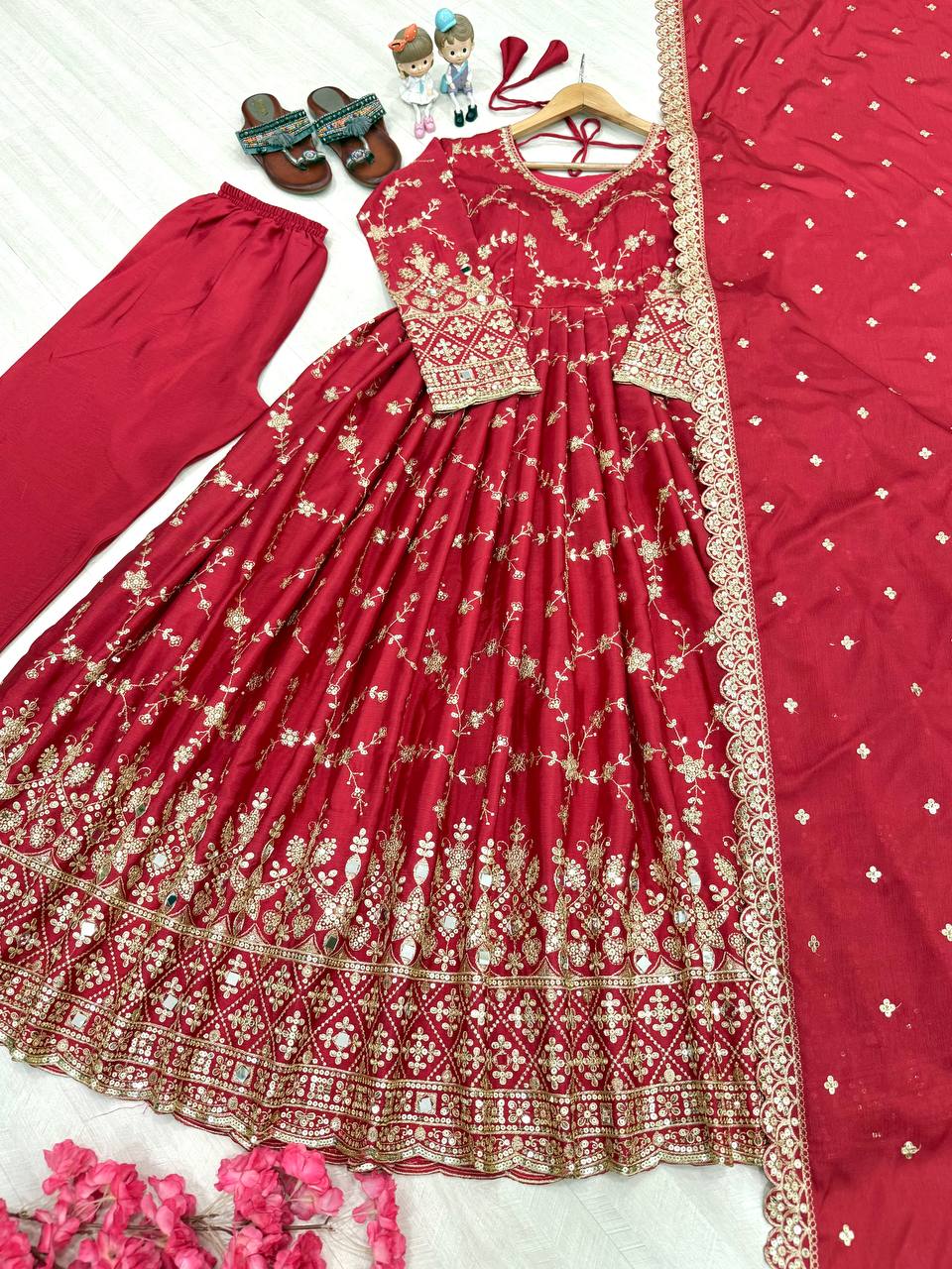 Outstanding Sequence Work Red Color Anarkali Gown
