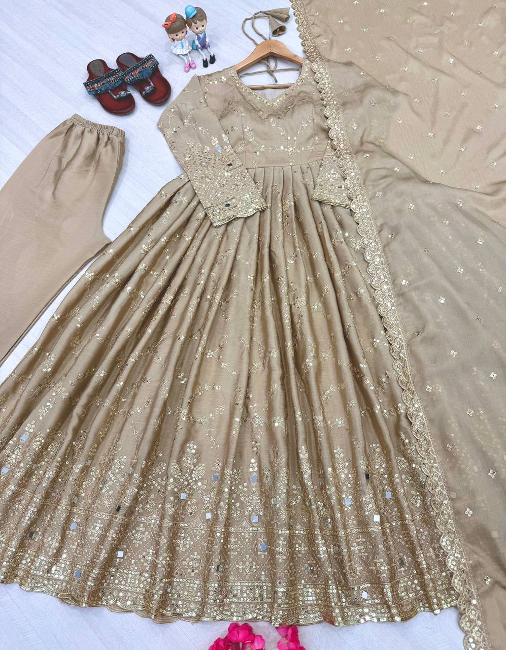 Outstanding Sequence Work Beige Color Anarkali Gown