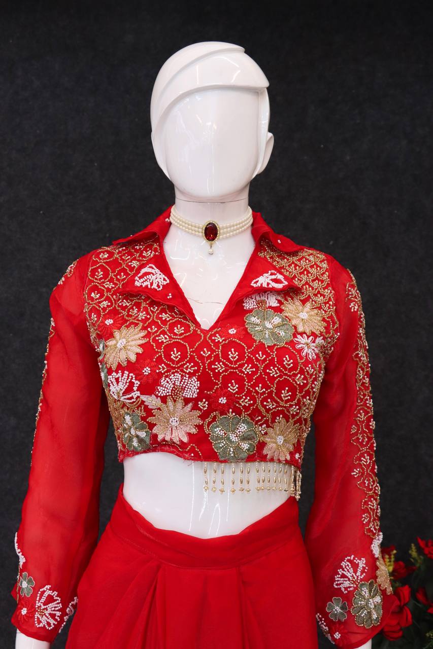 Red Color Embellished V Neck Dhoti Style Skirt