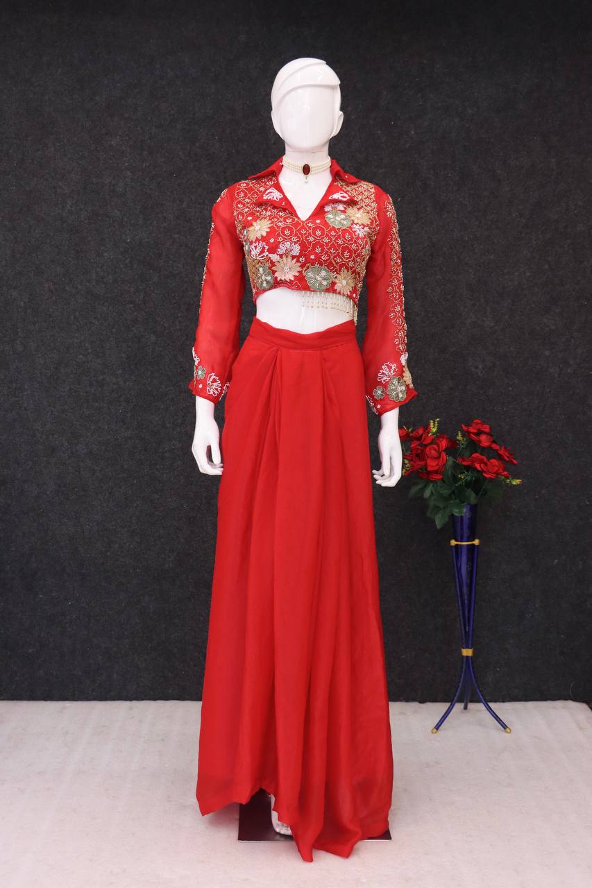 Red Color Embellished V Neck Dhoti Style Skirt