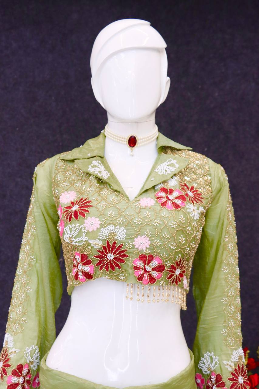 Pista Color Embellished V Neck Dhoti Style Skirt