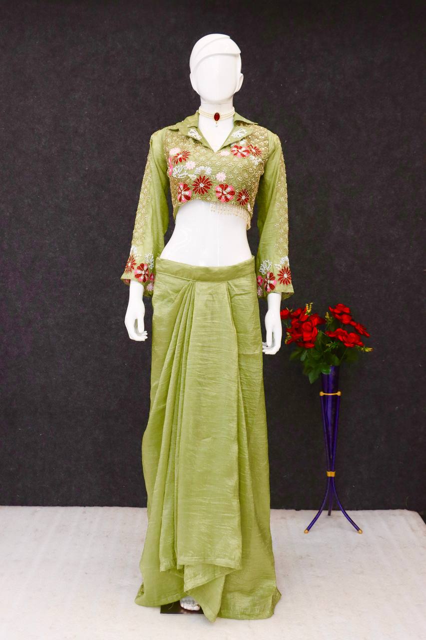 Pista Color Embellished V Neck Dhoti Style Skirt