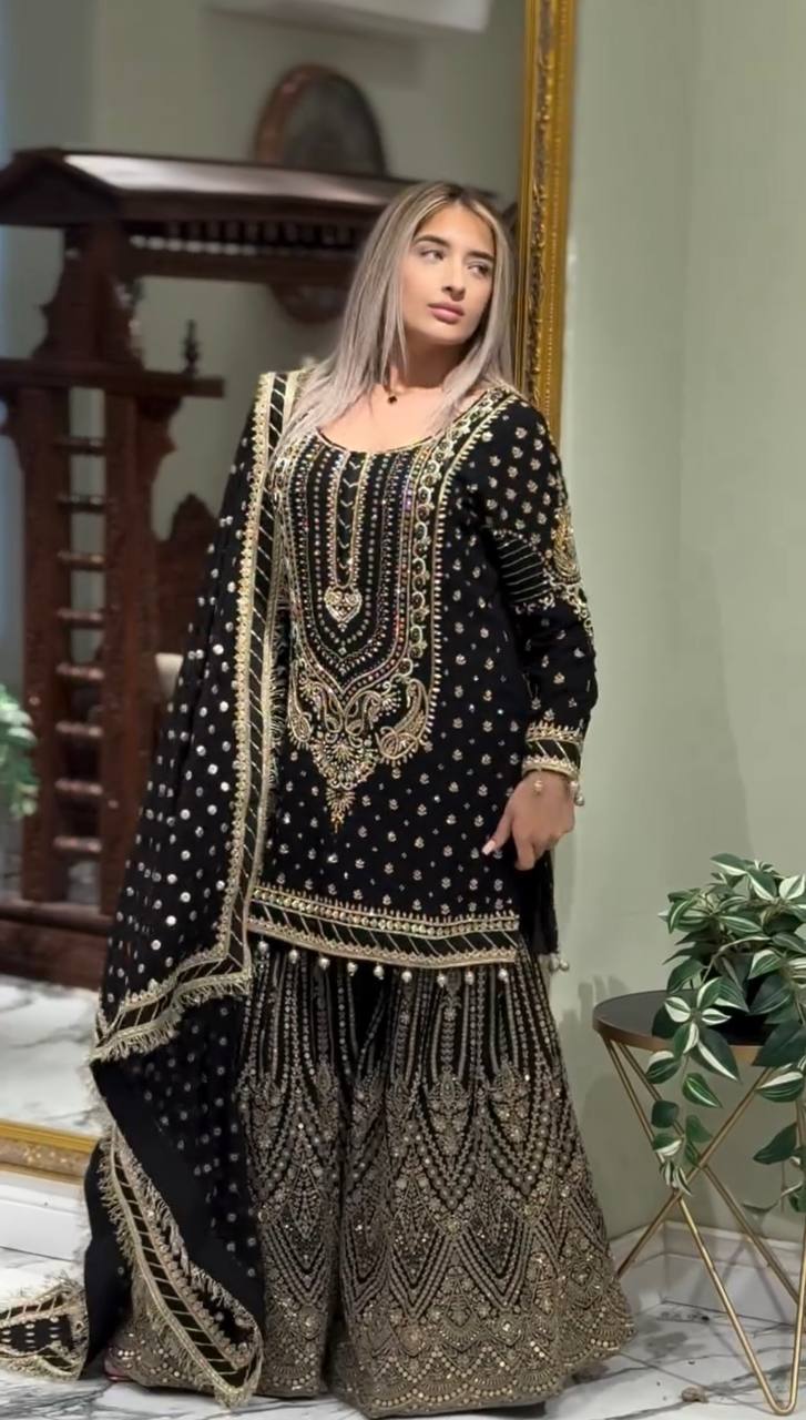 Heavy Embroidered Black Color Fabulous Sharara Suit