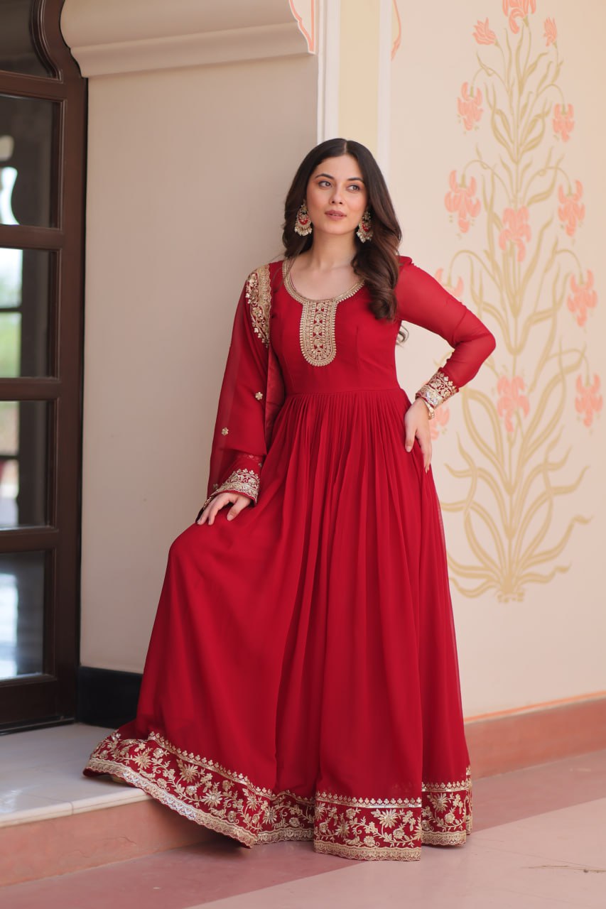 Gorgeous Maroon Color Embroidered Event Wear Gown