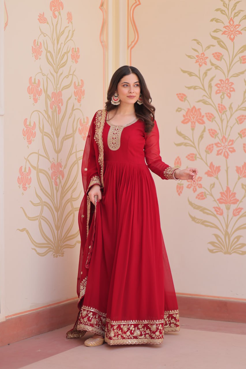 Gorgeous Maroon Color Embroidered Event Wear Gown