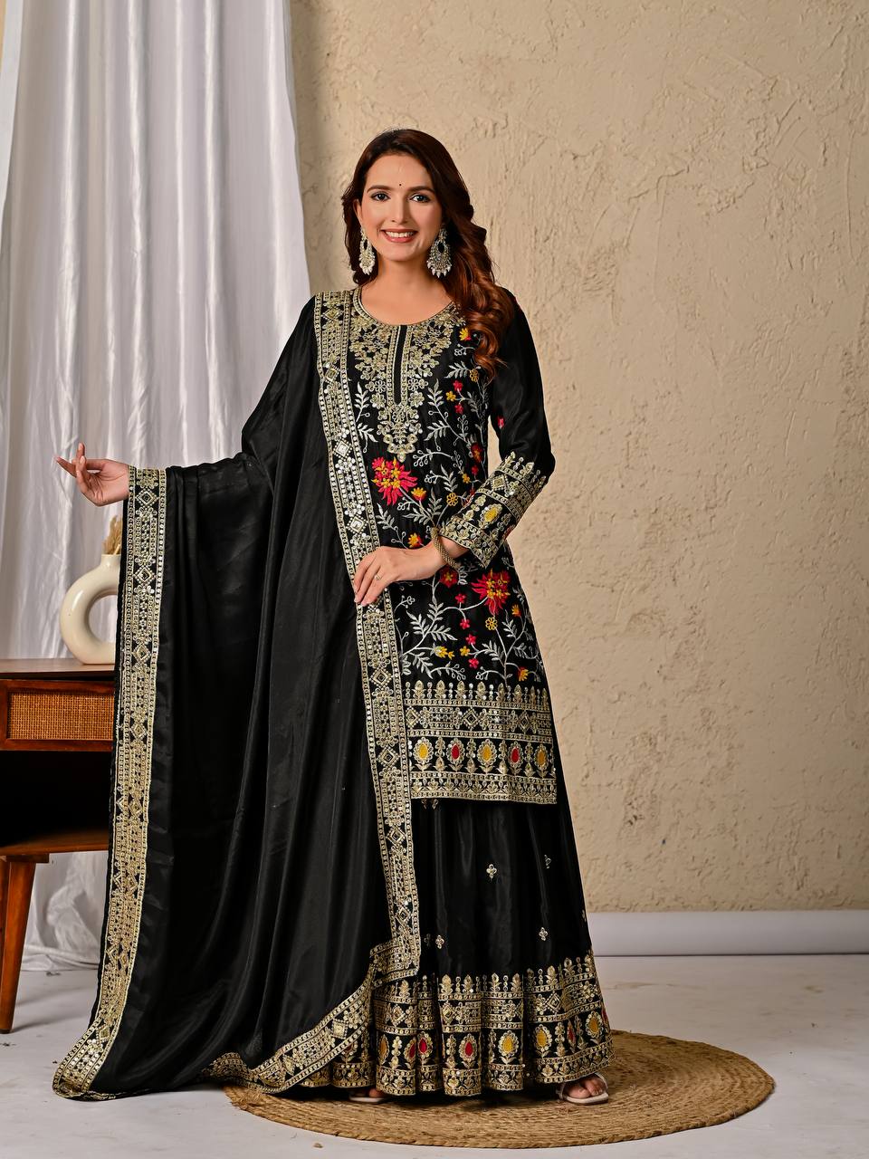 Fully Stitched Sequence Work Black Color Palazzo Suit