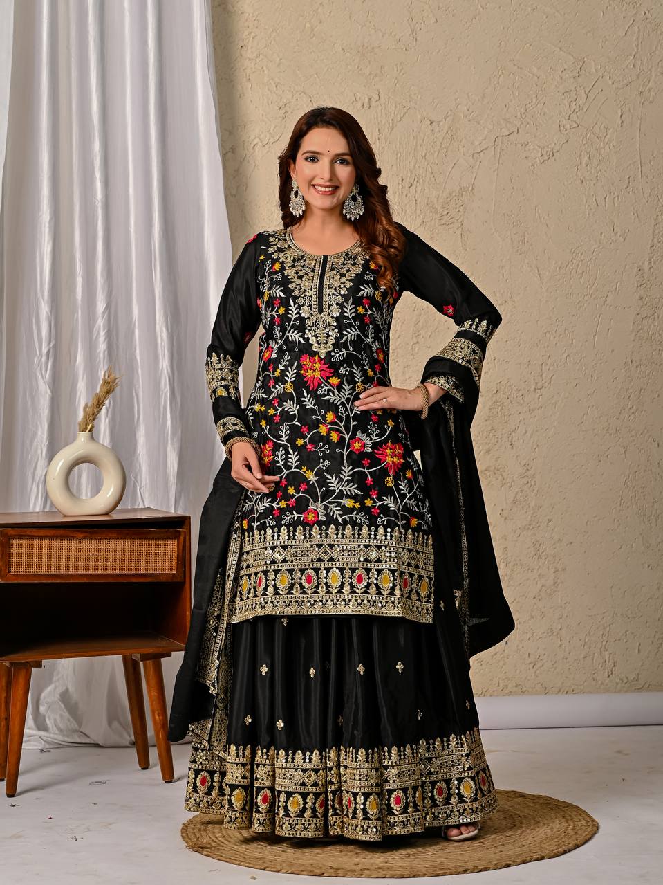 Fully Stitched Sequence Work Black Color Palazzo Suit