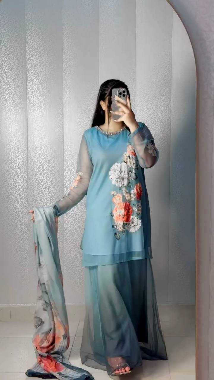 Glorious Sky Blue Georgette Digital Print Sharara Suit