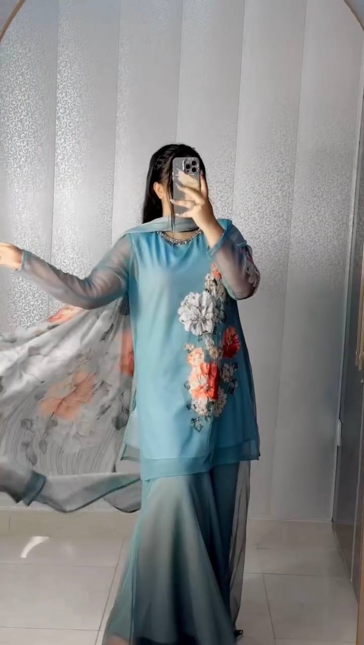 Glorious Sky Blue Georgette Digital Print Sharara Suit