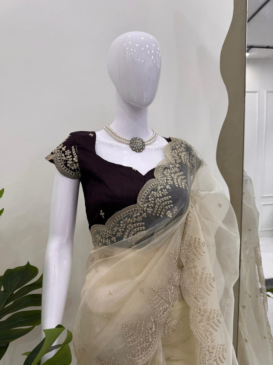 Stylish Cream Organza with Coding Work Saree