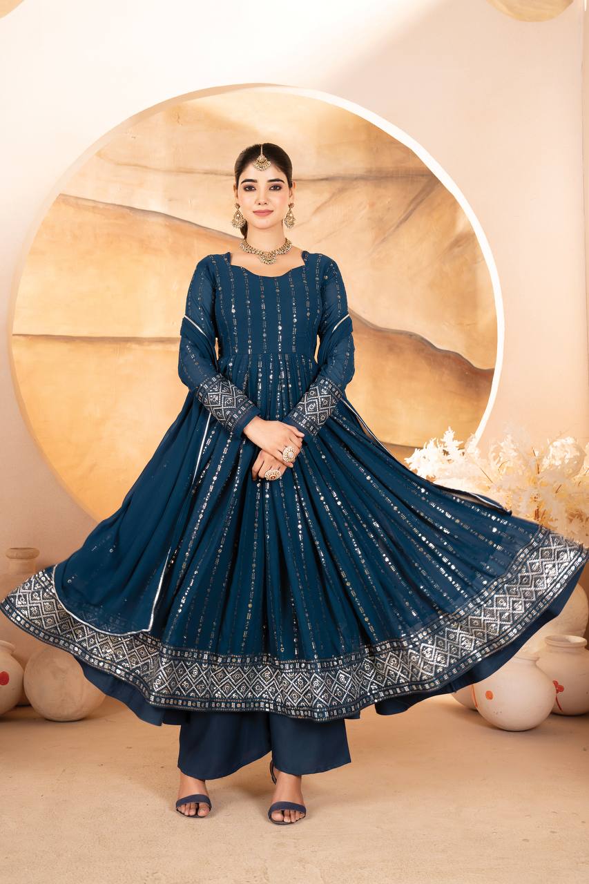 Ravishing Rama Blue Faux Blooming Work Anarkali Suit With Palazzo