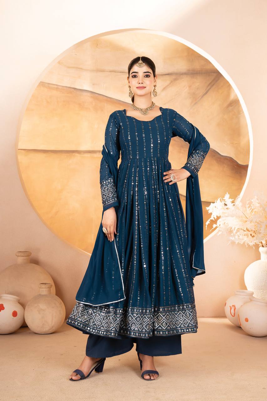 Ravishing Rama Blue Faux Blooming Work Anarkali Suit With Palazzo