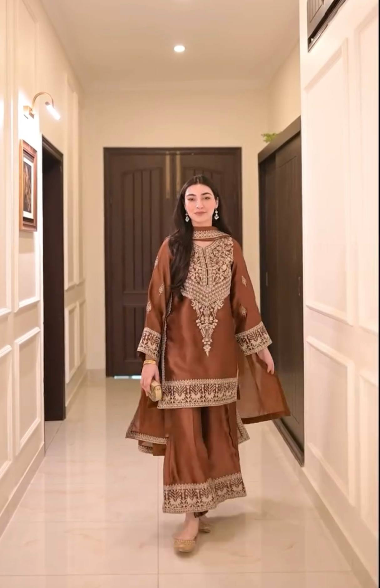 Stylish Brown Chinon Silk Embroidery Work Palazzo Suit