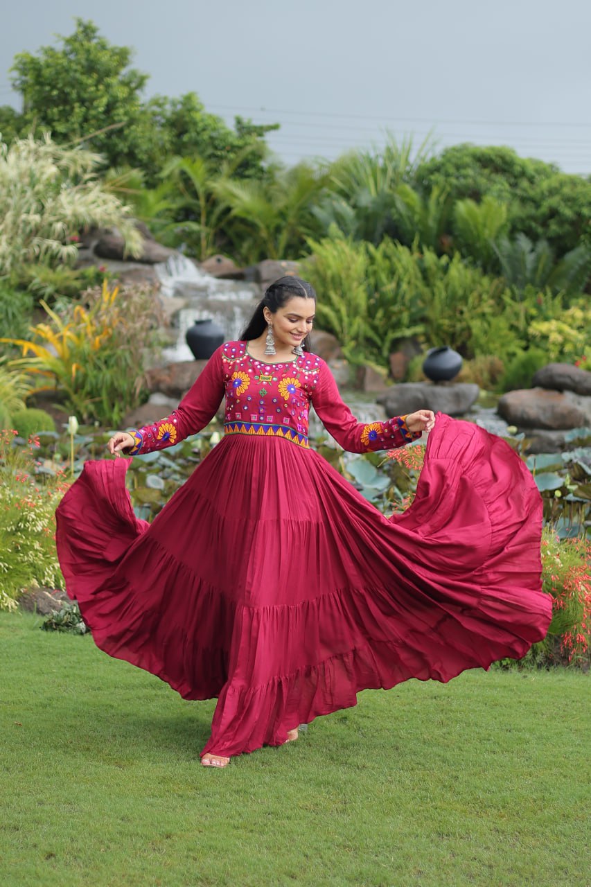 Gorgeous Maroon Reyon Kutchi Work Gown