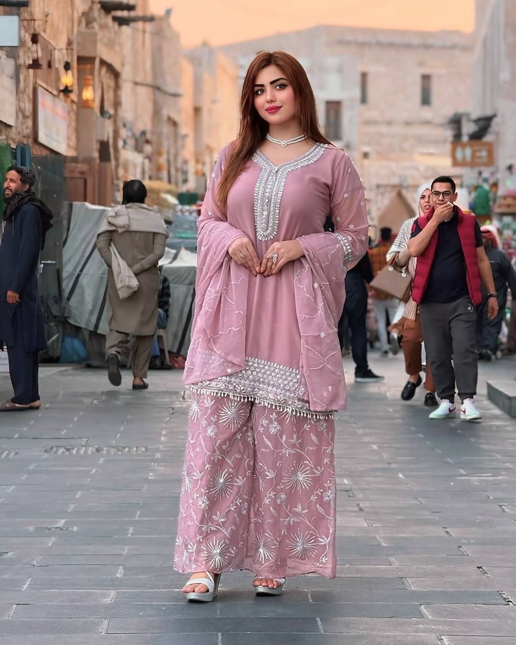 Alluring Pink Georgette Embroidery Plazzo Suit