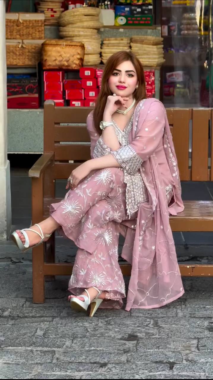 Alluring Pink Georgette Embroidery Plazzo Suit