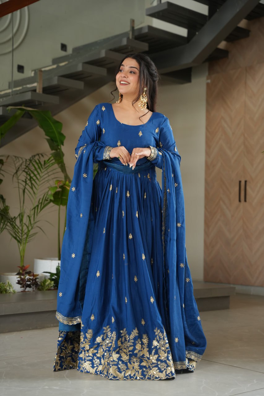 Ravishing Blue Chinnon Zari  Designer Gown