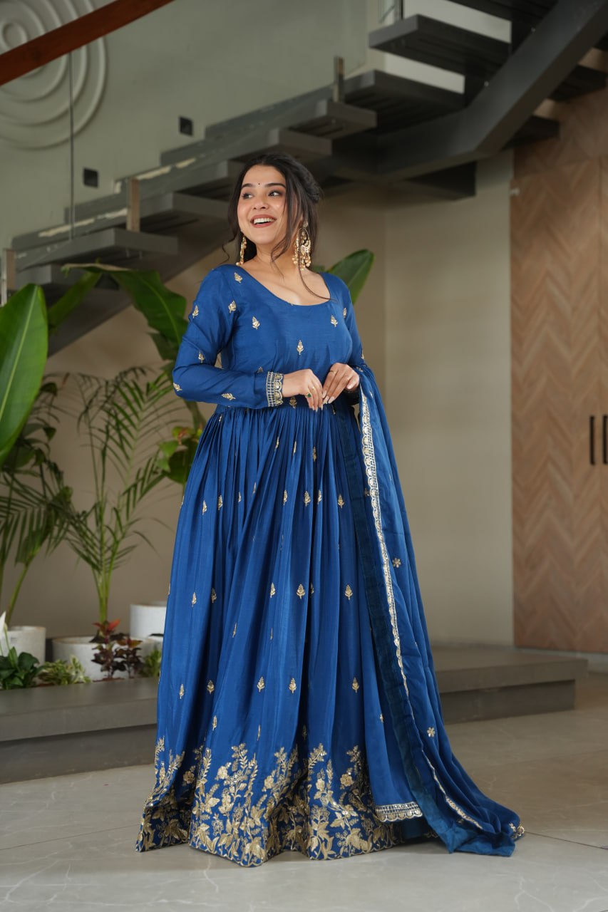 Ravishing Blue Chinnon Zari  Designer Gown