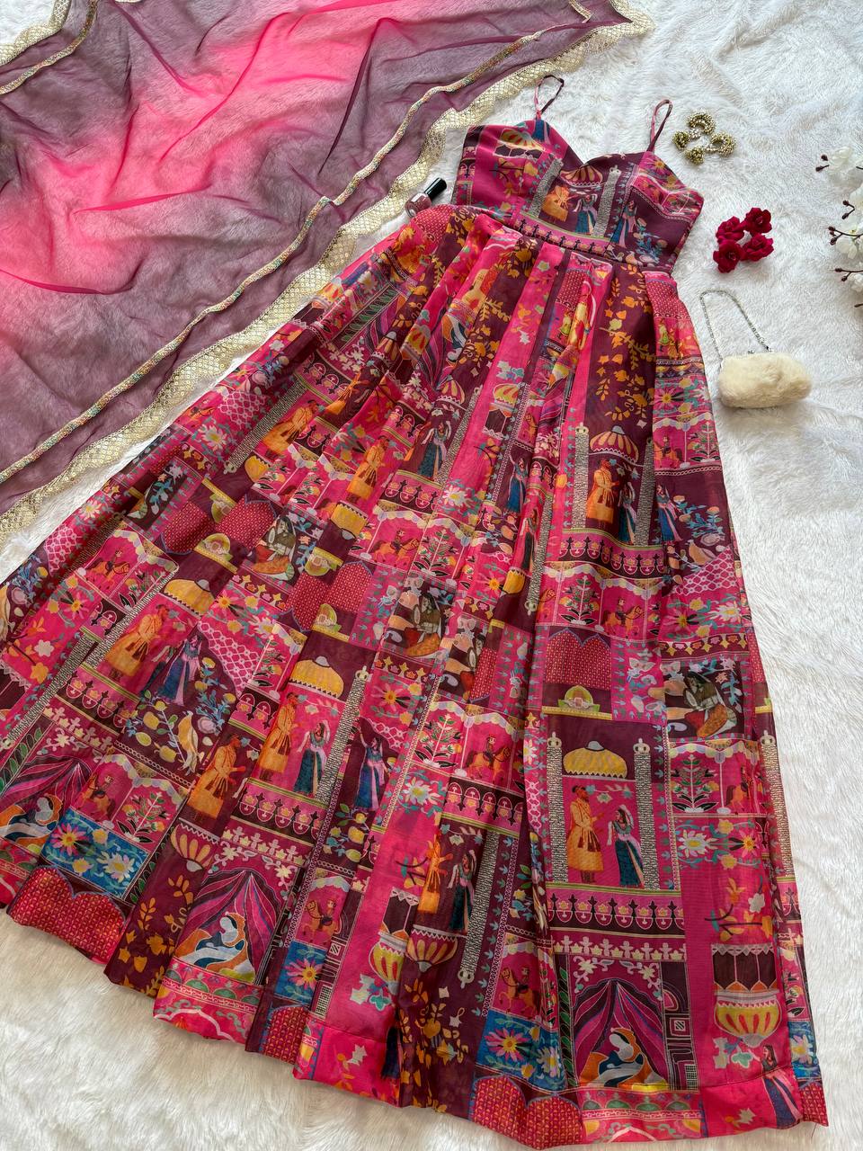 Printed Organza Silk Multi Pink Color Anarkali Suit