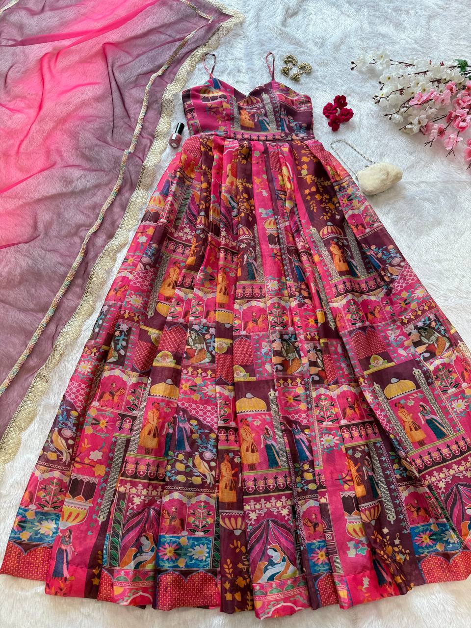 Printed Organza Silk Multi Pink Color Anarkali Suit