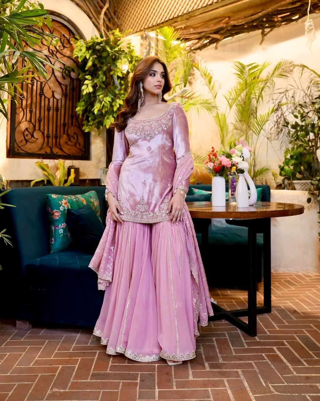 Gorgeous Pink Organza Sequence Work Sharara Suit