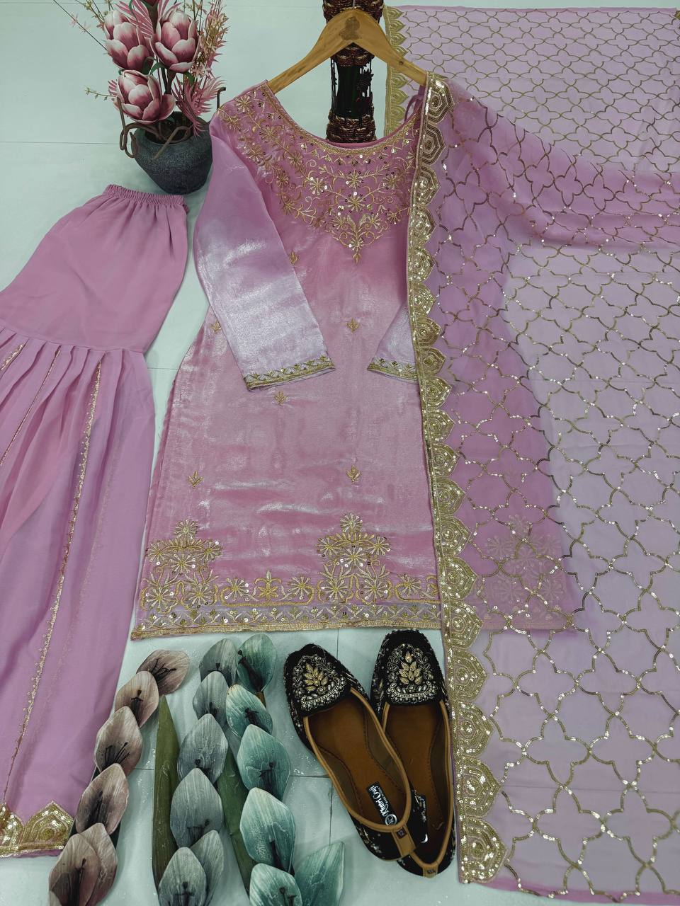 Gorgeous Pink Organza Sequence Work Sharara Suit