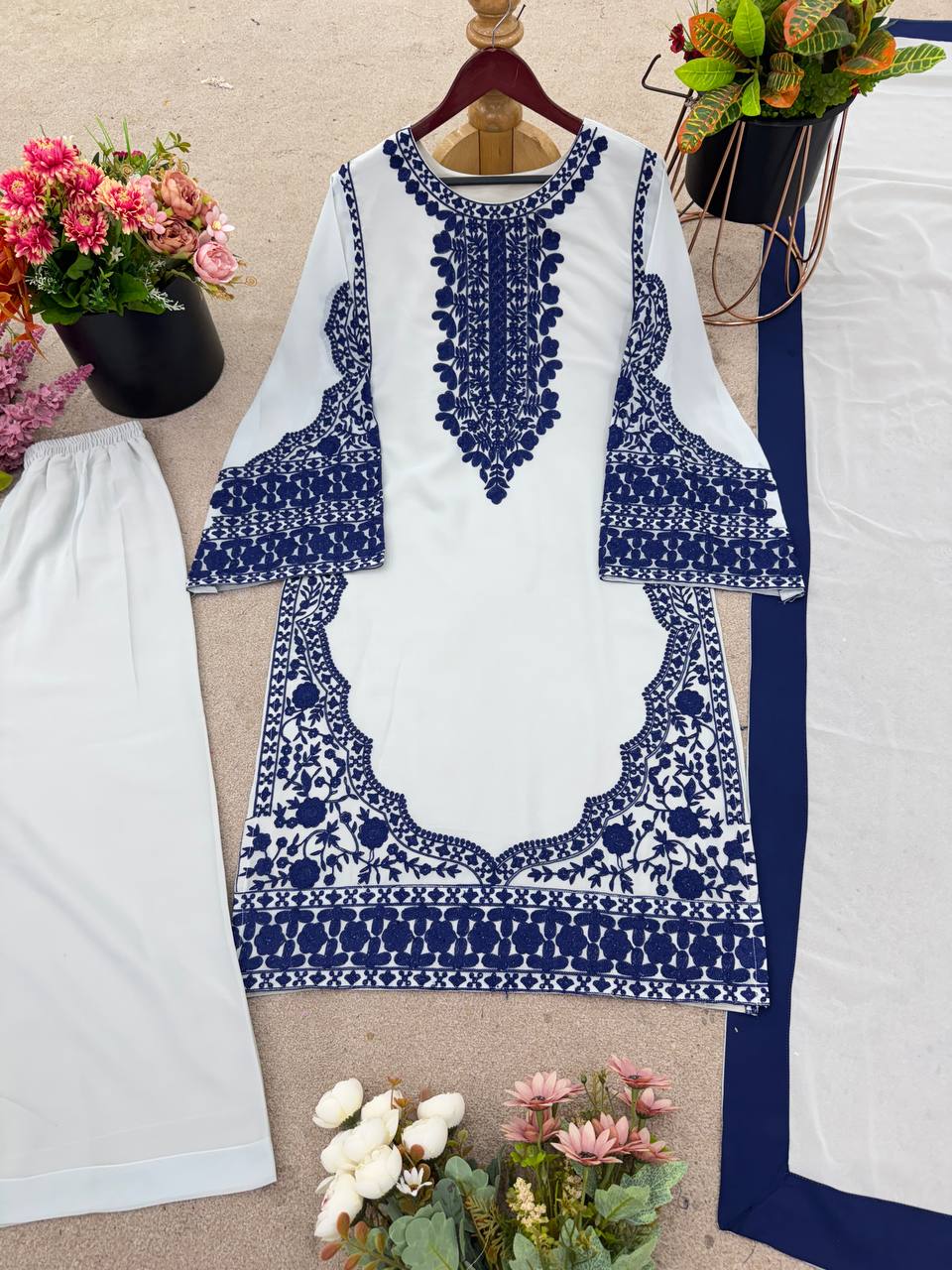 Glorious White Georgette Embroidery Palazzo Suit