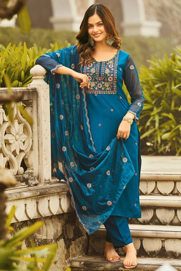 Gorgeous Teal Blue Reyon Embroidery Suit