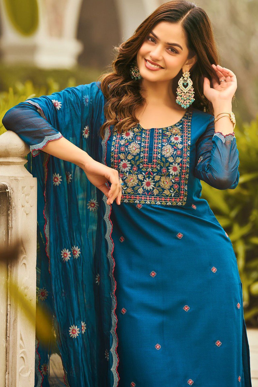Gorgeous Teal Blue Reyon Embroidery Suit