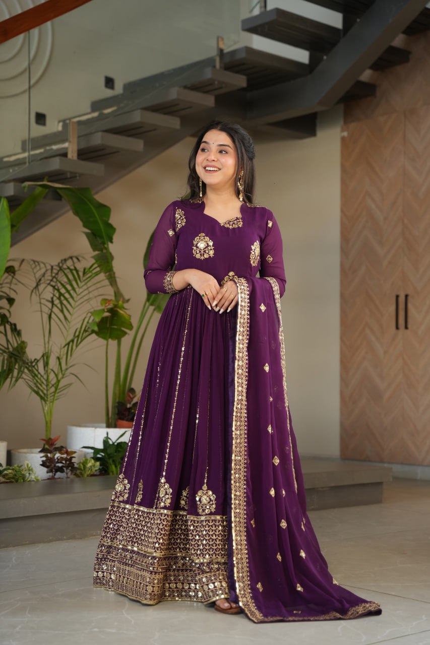 Lovely Purple Blooming Zari Work Gown