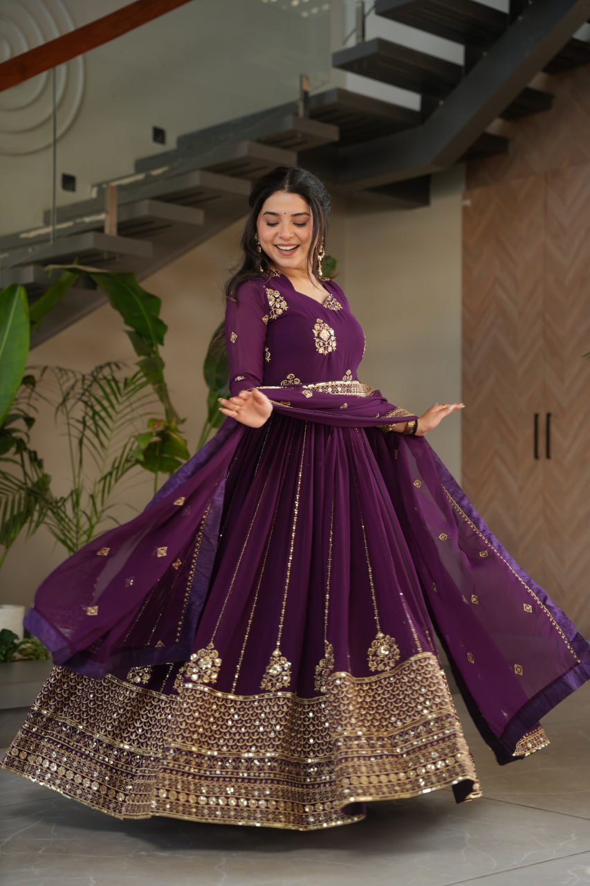 Lovely Purple Blooming Zari Work Gown
