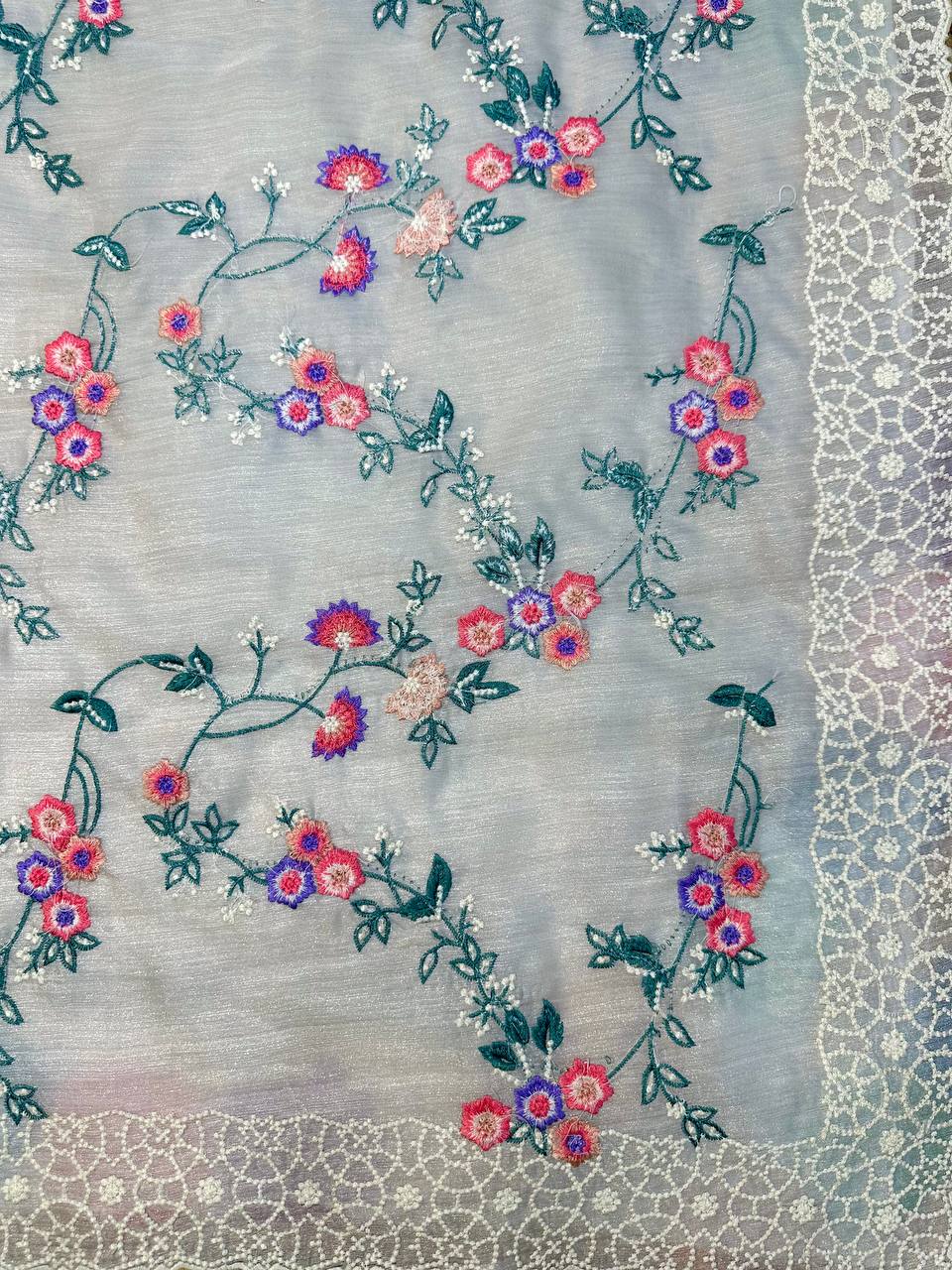 Glimmering Off White Embroidery Work Organza Saree