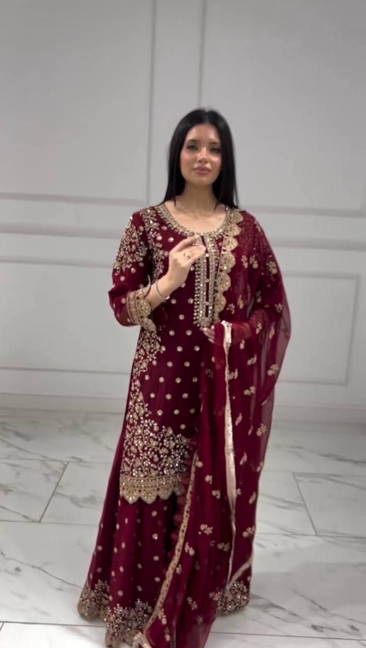 Alluring Maroon Georgette Sequence Work Palazzo Suit