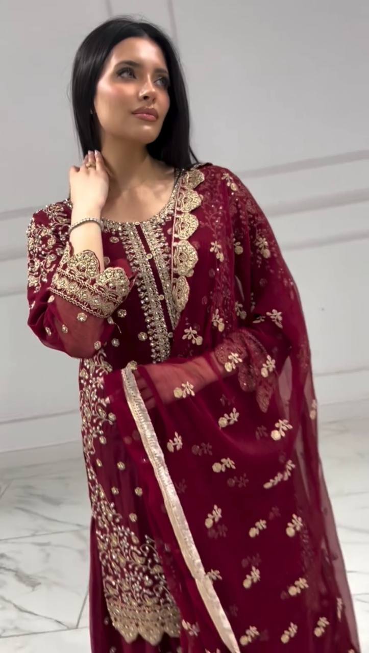 Alluring Maroon Georgette Sequence Work Palazzo Suit