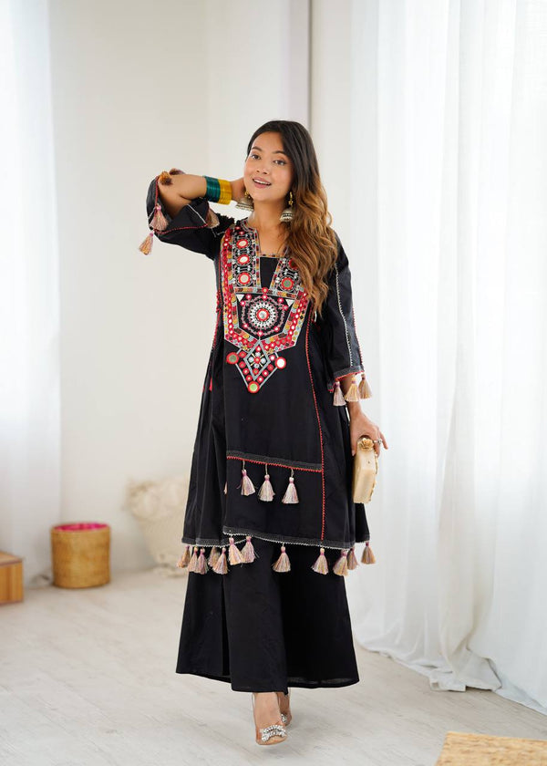 Trendy Black Khadi Cotton Embroidery Work Co-ord Set